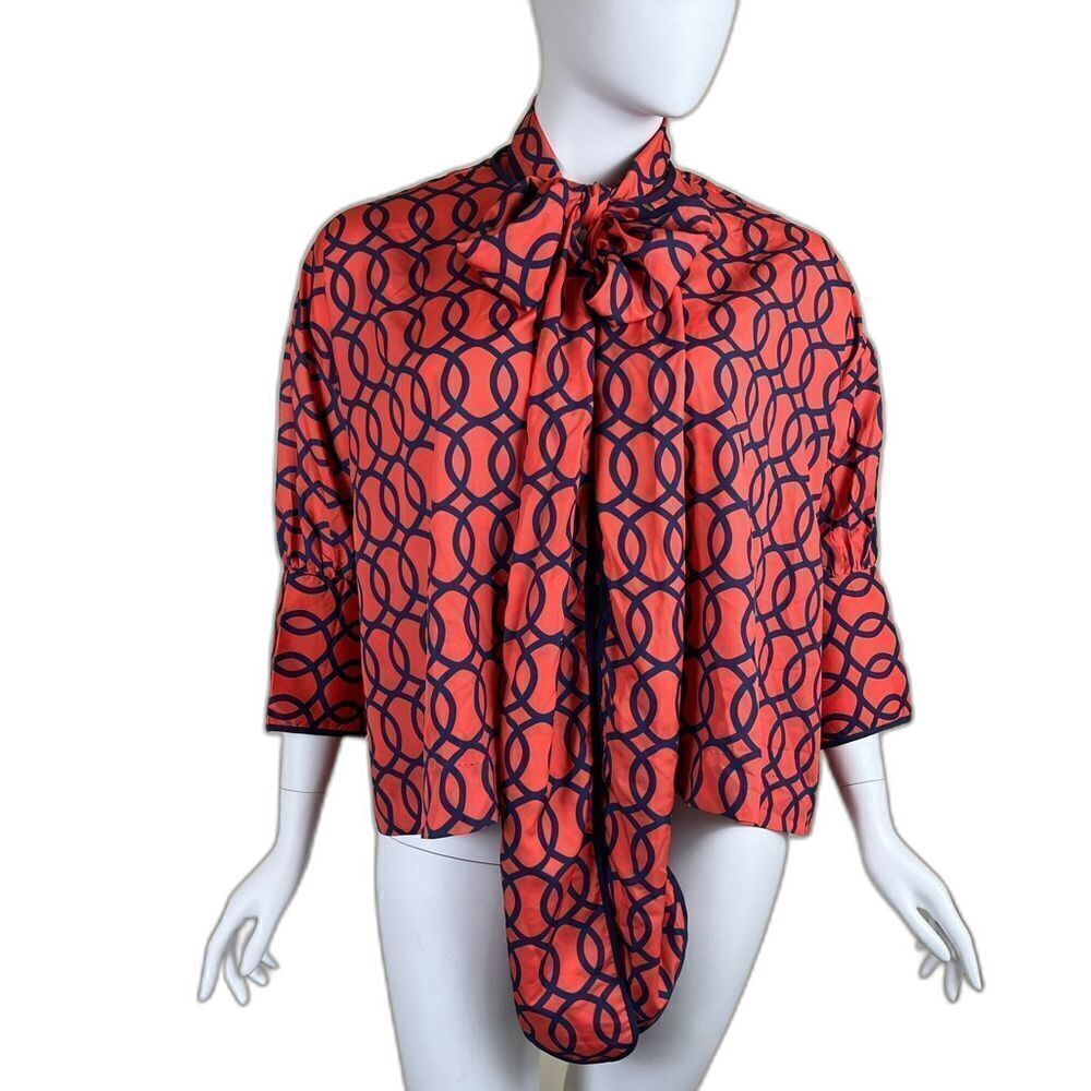 Gretchen Scott Women Size M Red Impossibly Fabulous Blouse Oversized Neck Tie